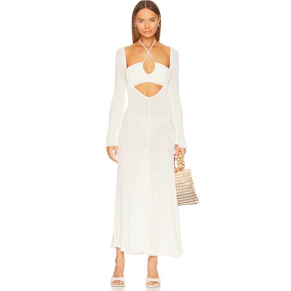 LPA Jorryn Revolve Crochet Bell Sleeves Knit Maxi Dress Coverup Cream White XS - Picture 1 of 14
